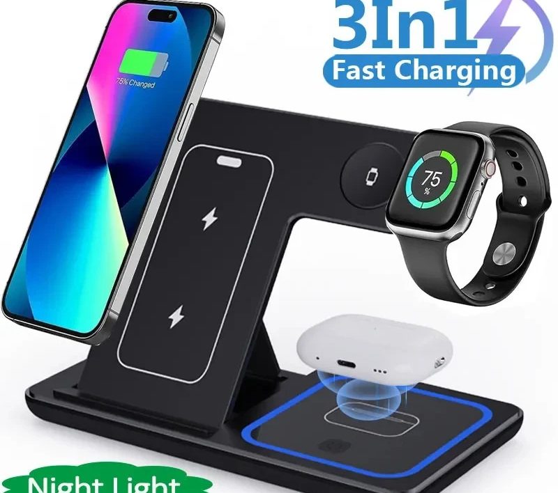 3 In 1 LED Fast Wireless Charger Stand Foldable Charging Station For Smart Phone 15 14 13 12 11 IWatch 9 8 7 6 5 Airpods Pro